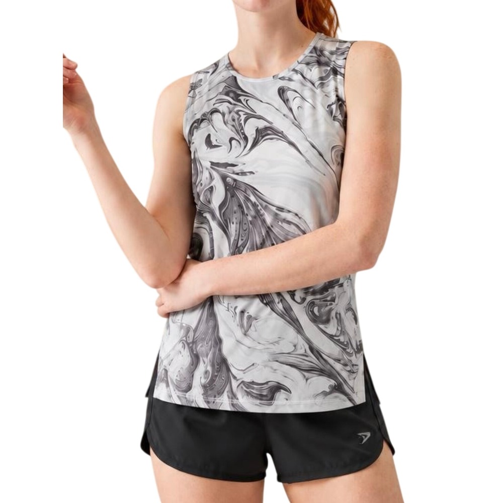 Athleta Zephyr Tank Top Large White Black Marble Sleeveless Slits Breathable